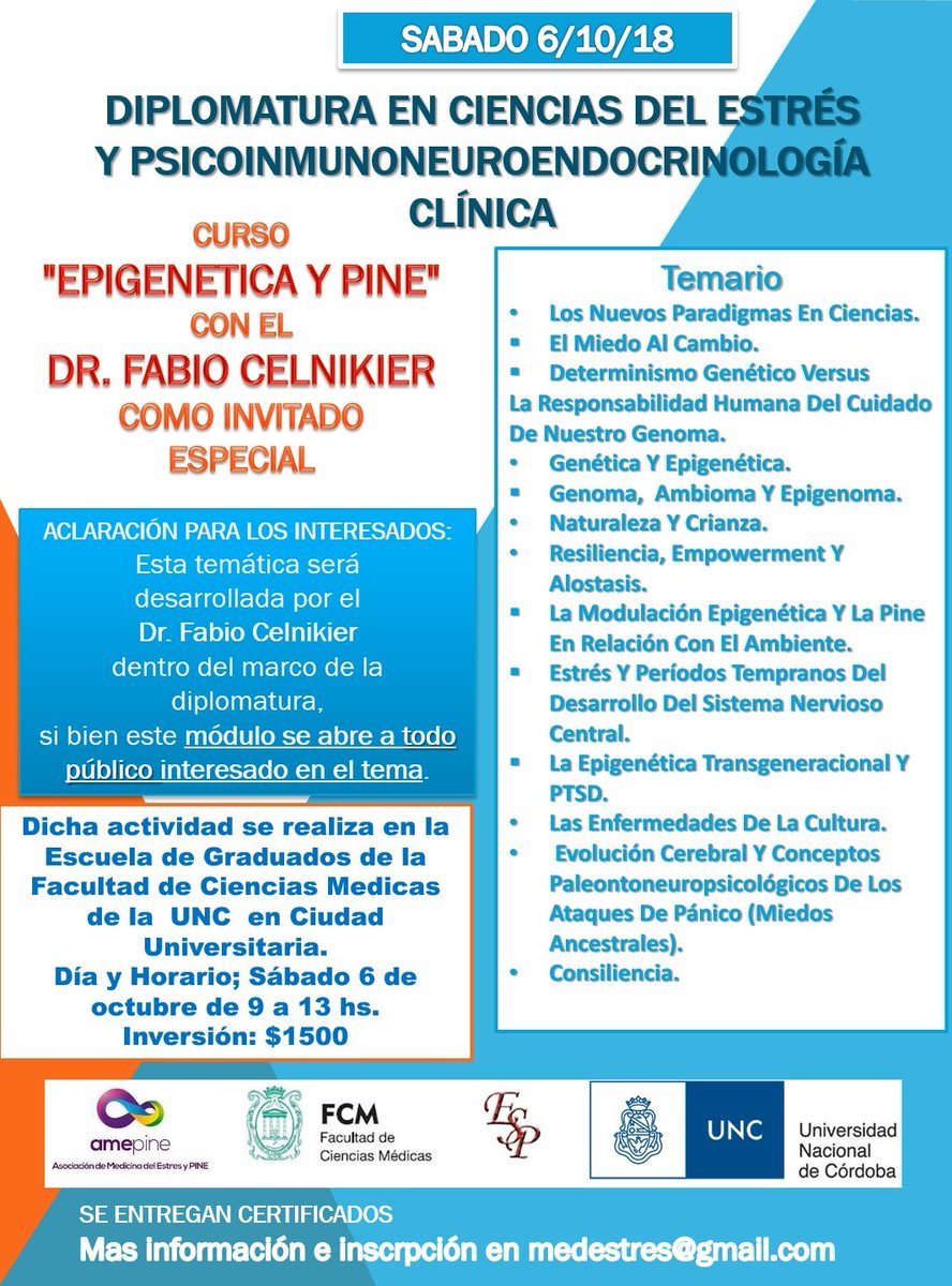 fabiocelnikier's tweet photo. #Córdoba Sábado 6 de Octubre. 9:00 hs.
#Epigenética en la #FacultadDeMedicina de la #UNC en Córdoba ﹰCapital.
@amepinecba para inscripciones. https://t.co/HgG2Acfidm