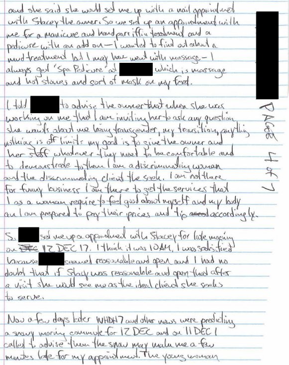 SteveRob's tweet photo. A Mass. woman is suing a salon bc the owner refused to give her a Brazilian wax.

Why did the salon refuse? Because the woman has a penis. 

(Here's the text of the civil rights complaint that was filed. Just a warning that there is graphic detail in here.) https://t.co/sBUIwpKWO7
