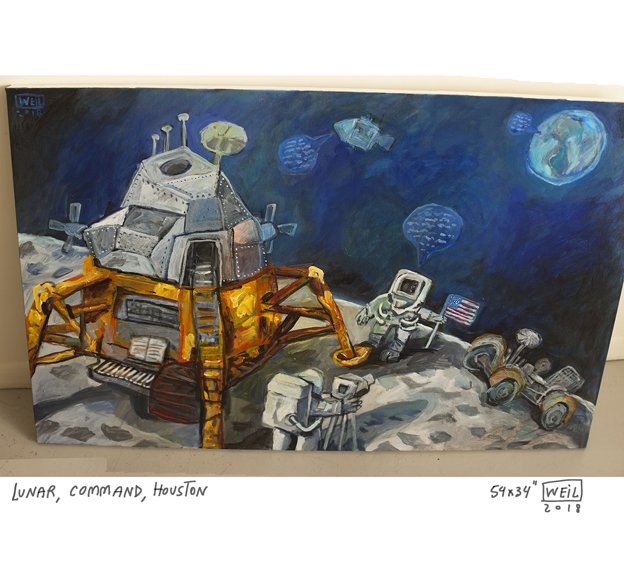 WEIL_caricatura's tweet image. LUNAR,COMMAND,HOUSTON - año 2018, 54 x 34 inches, acrylic on canvas #moonlanding #apollo #lunarmodule #commandmodule #houston #earth #piano #music #WEIL