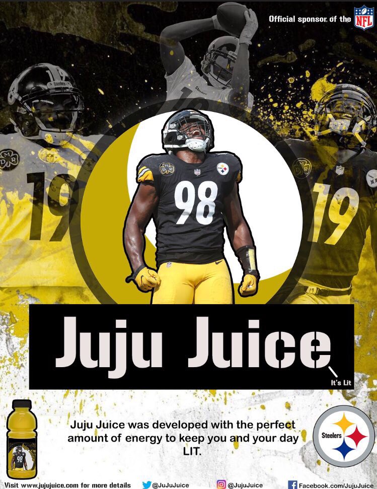 Evan__Lambert's tweet photo. @TeamJuJu @theblacktux For my tech class we had to make a poster and label for a new energy drink. Of course I had to rep you. Can we make this a real thing? 🤔 I hope you like it. #ItsLit #SteelersNation https://t.co/eRiAK6bFtI