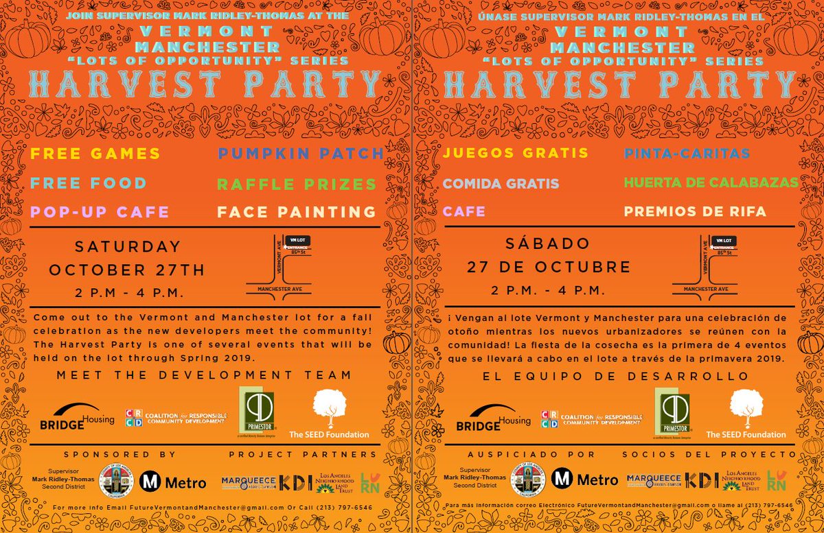 selacollab's tweet photo. A great party coming up in the area, hosted by some #SELA partners! RT @BRIDGEhousing: Come out to the Vermont Manchester lot in Los Angeles 10/27 for a Harvest Party and to meet the development team! @bridgehousing @CRCD_SouthLA #Primestor @TheSEEDFdn https://t.co/2Ry7kHWP58