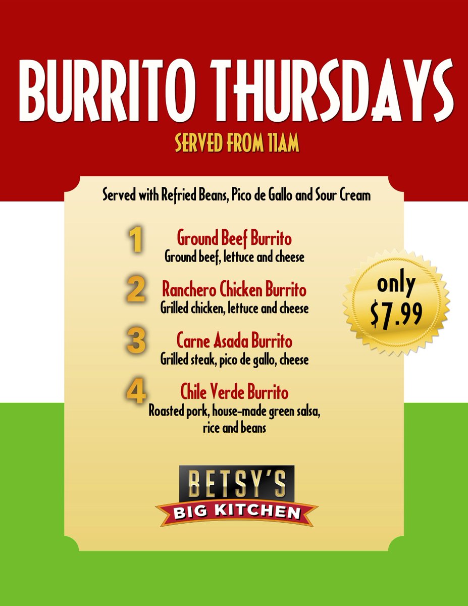 slotworldcc's tweet photo. Add a spicy kick to your Thursday with one of our tasty $7.99 Burritos at Betsy's Big Kitchen. Enjoy one of four great choices starting at 11am every Thursday. #BurritoThursday #CarsonCity #SlotWorld https://t.co/gYJbmPbr1C