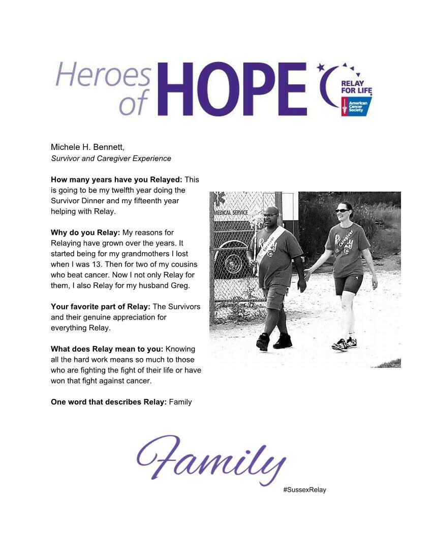 Our Hero of Hope this month is our Survivor and Caregiver Experience Chair, Michele. We are so thankful for her dedication to our event and her steadfast effort to end this fight. Thanks for being part of our family💜 #relayforlife #sussexrelay #whyIrelayWednesday #heroforhope