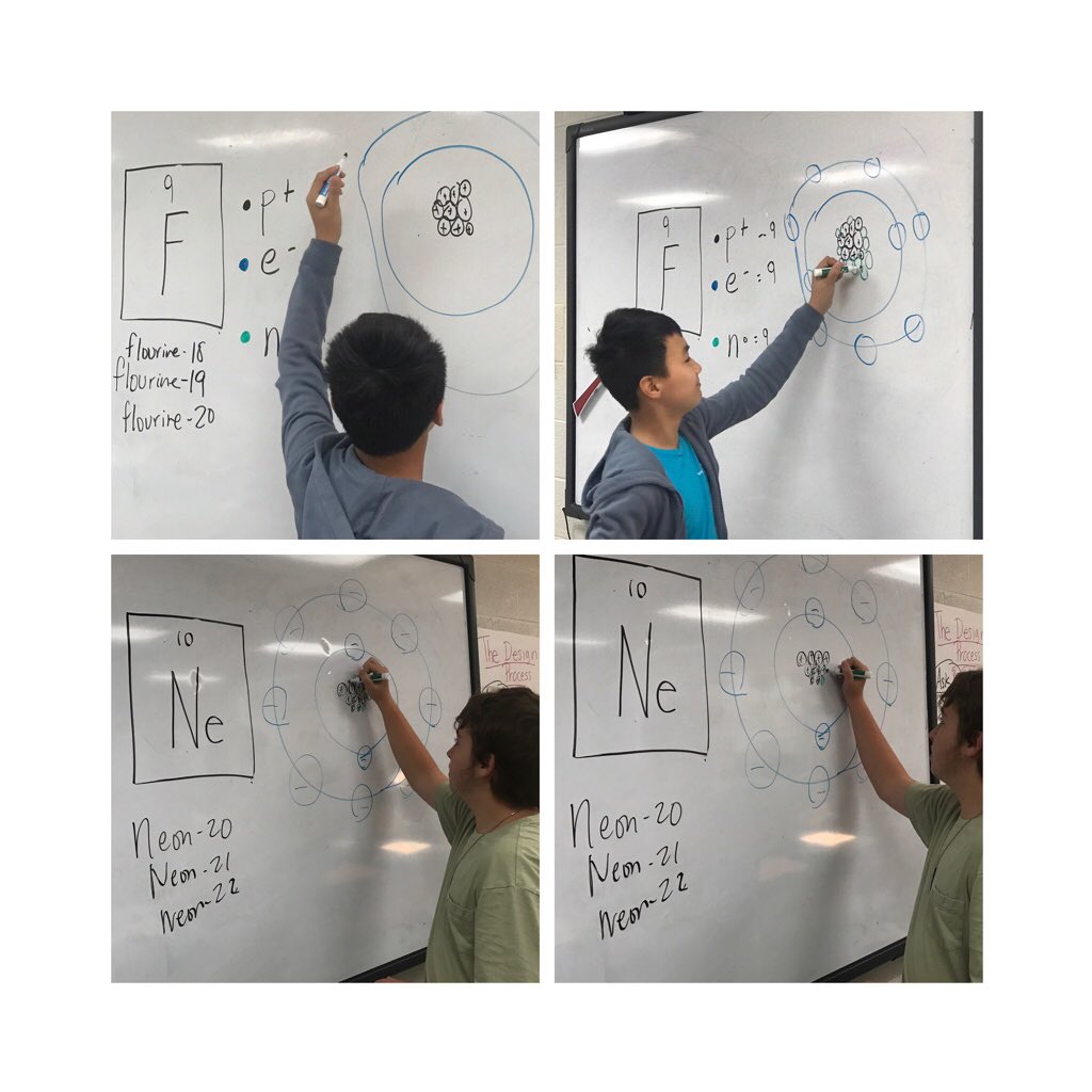 My 7th grade Cambridge Science students helped teach part of class today. They drew isotopes of Flourine and Neon atoms. They had to color code the 3 subatomic particles, &amp; draw the correct number of electrons, protons, &amp; neutrons for each isotope. <a href="/ZooSchoolMNPS/">ZooSchoolMNPS</a> <a href="/CroftCambridge/">Croft Cambridge</a>