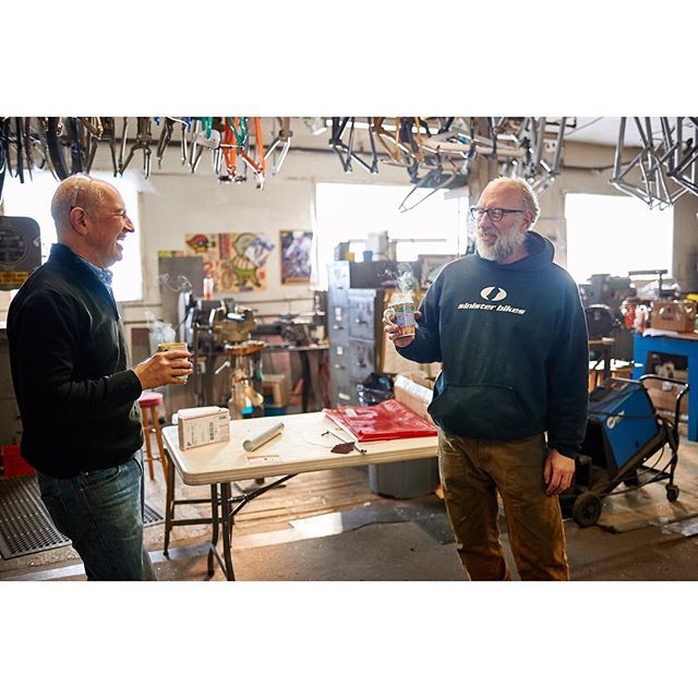 Two great frame builders, Ben Serotta and Frank The Welder, share a cup of coffee in Frank’s workshop.  More images to come. 
#vt #buildbikes #masters #bicycles #builtbyhand #handmade 
@franktheweldervt @benserotta ift.tt/2OwEIvi