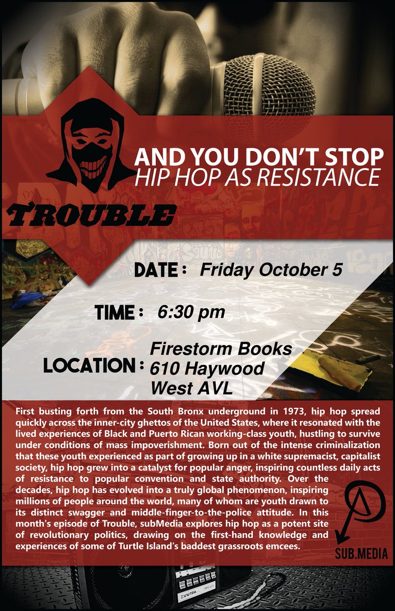 Final_Straw's tweet photo. #BlueRidgeABC is showing the latest #Trouble from @submedia at @FirestormCoop at 6:30pm. This episode, "And You Don't Stop: Hip Hop As Resistance" is phenomenal, y'all! 30 minute film followed by a discussion on art and resistance. https://t.co/fanpXGjBSY