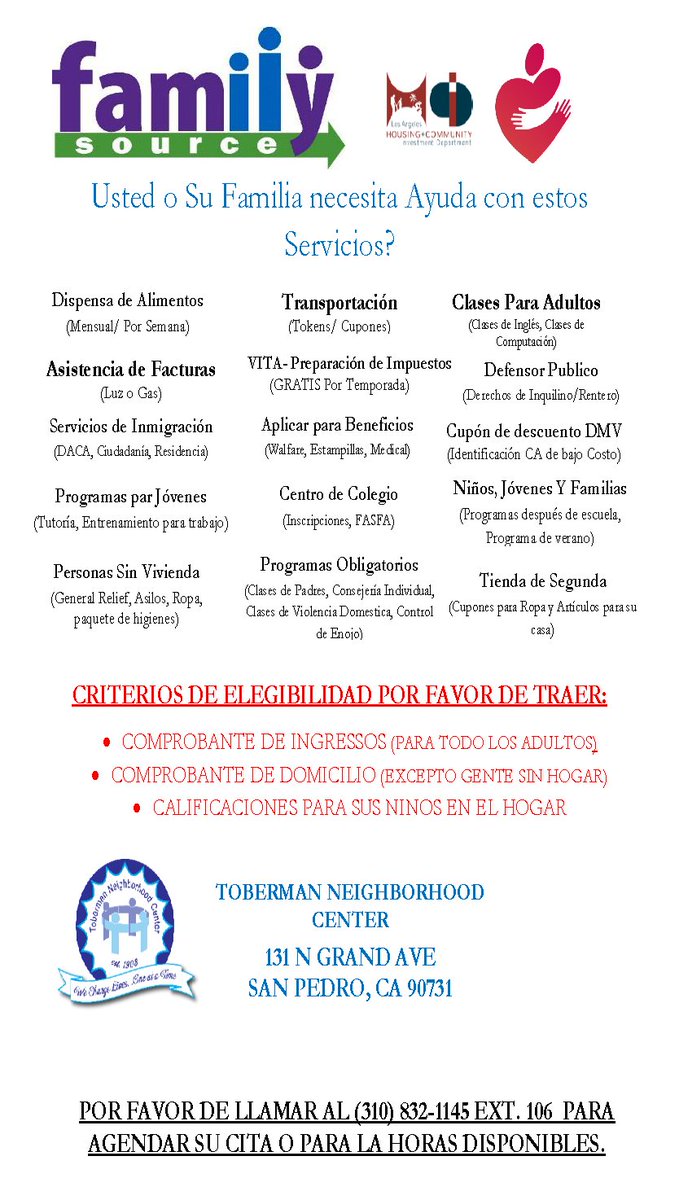 TobermanCenter's tweet image. Do you or someone you know need help with these services? Visit our Family Source Center located inside @TobermanCenter or call (310) 832-1145 ext. 106

#helpinghand #familysourcecenter #families #tobermancentersanpedro #Wilmington #harborcity #Torrance