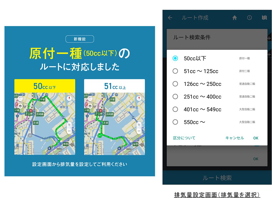 Navitime ナビタイム スゴ得版 ツーリングサポーター にて 原付を含むすべてのバイクの排気量に合わせたルート検索 ができるようになりました ご自身のバイク区分に合わせた最適なルート検索が可能です 週末のおでかけや通勤などでご活用ください