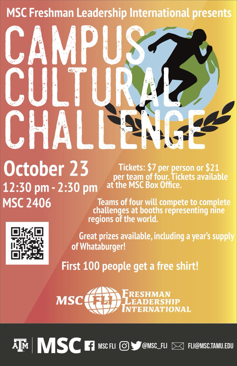 MSC_FLI's tweet photo. MSC FLI is proud to announce our annual Campus Cultural Challenge! Grab some friends and complete challenges based on different cultures to win great prizes, like a whole year of FREE Whataburger!  Buy your tickets today at the MSC Box Office! #CampusCulturalChallenge https://t.co/b6a5hs9jRt