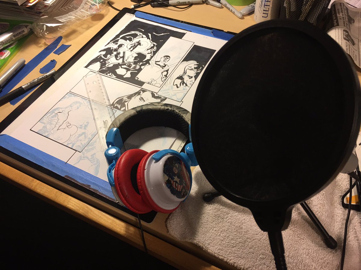 yardsaleartist's tweet photo. Multi-tasking!
✅ #Podcasting about Moonraker for @OHMSPod
✅ #Inking another #ColdLightning #comic page for @VanAllenPlexico
A good night! #makingcomics #Inktober18 https://t.co/qn9FPSHWNJ