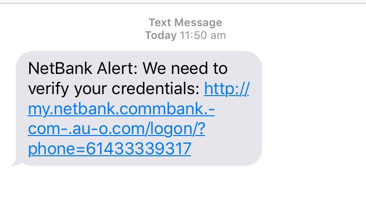 varun_wish's tweet photo. @CommBank got the below phishing text message this morning. Just letting the bank know. Thanks https://t.co/kaNHQBd1SM