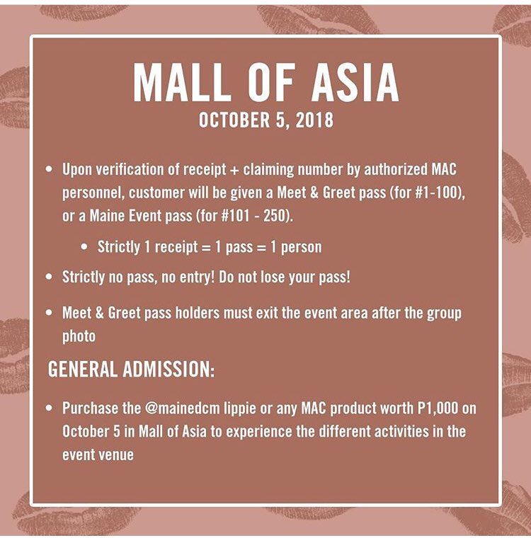 ClaireNg1's tweet image. We”re all set for SM Mall Of Asia! Catch #macmaker @mainedcm tomorrow at the last #maineformac event!Reminder: only those who line up at the queing point (main mall entrance near starbucks) will be accepted!Swipe left for full details. #maccosmeticsph #MainedcmMacMakerNationwide