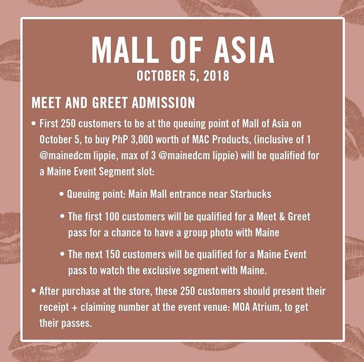 ClaireNg1's tweet image. We”re all set for SM Mall Of Asia! Catch #macmaker @mainedcm tomorrow at the last #maineformac event!Reminder: only those who line up at the queing point (main mall entrance near starbucks) will be accepted!Swipe left for full details. #maccosmeticsph #MainedcmMacMakerNationwide