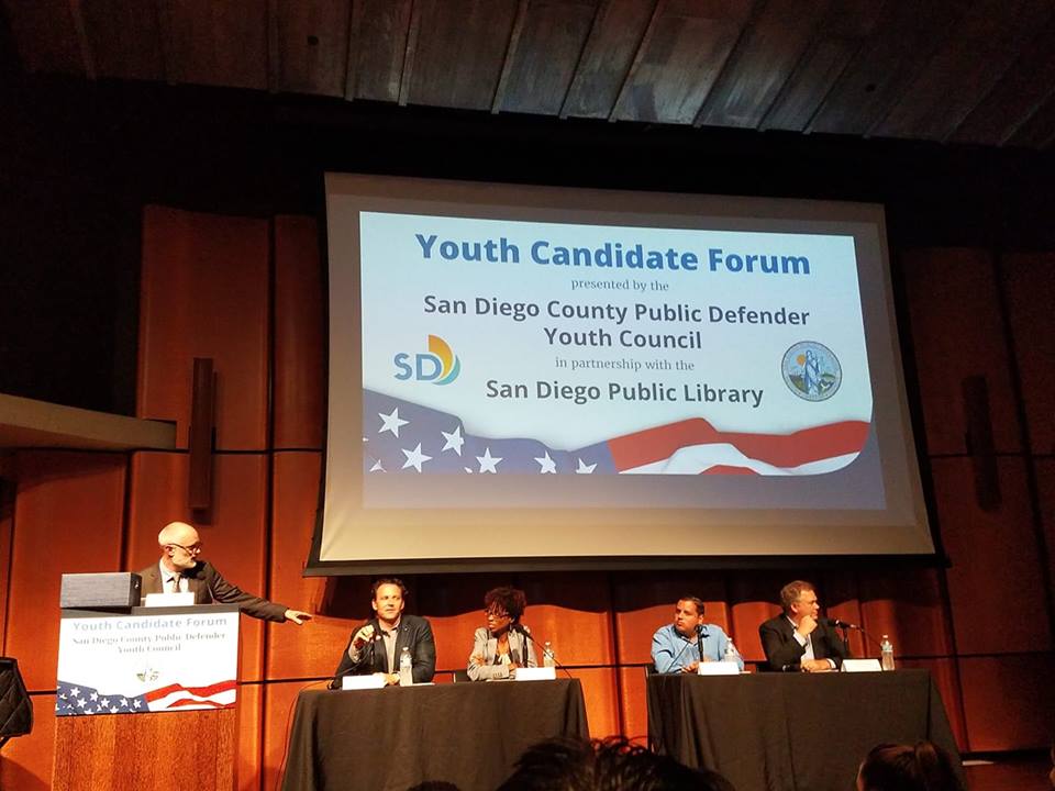 Wish more candidates showed up tonight. Their loss. TY to <a href="/nathanfletcher/">Nathan Fletcher</a> @voteformonica <a href="/MartinezSD8/">Antonio Martinez</a> and <a href="/The_Tommy_Hough/">Tommy Hough</a> for taking the time. Great questions from the San Diego County Public Defender Youth Council at the forum I moderated at <a href="/SDPublicLibrary/">San Diego Public Library</a>. (📷: <a href="/jcleesattle/">Jodi Cleesattle</a>)