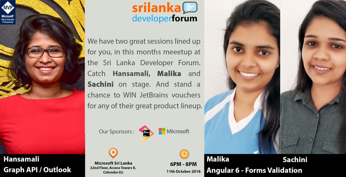 We have two great tech talks lined up for the month of October. 

#techgirls #codergirls #sldf #monthlymeetup #azure #graphapi #anugular #typescript @tiqricorp @HansamaliGamage 
meetup.com/Sri-Lanka-NET-…