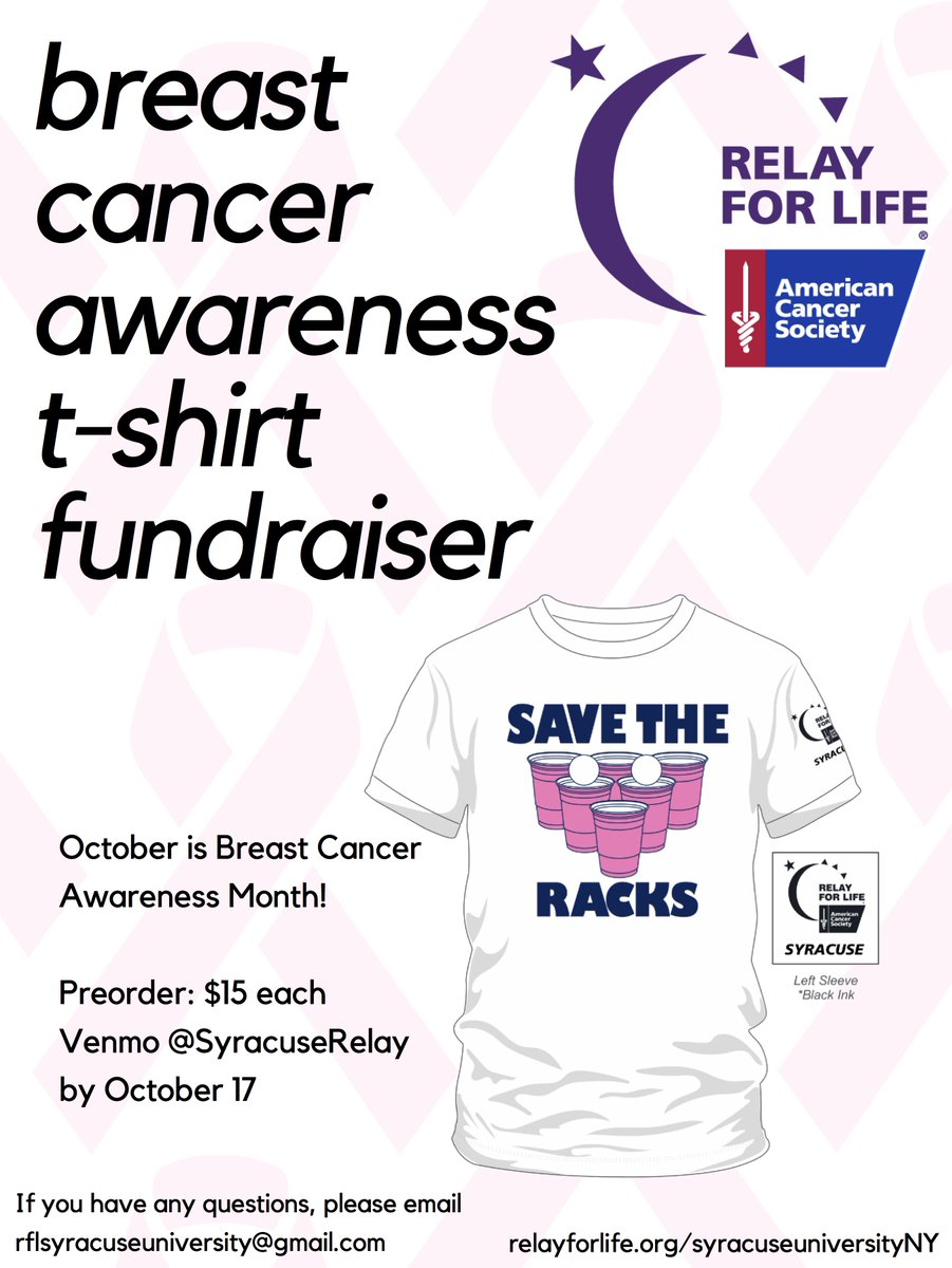 October is Breast Cancer Awareness month! ‘Save the Racks’ and support Syracuse University’s Relay for Life event by purchasing a t-shirt! Fill out the Google form and Venmo <a href="/SyracuseRelay/">Syracuse Relay</a> $15 to preorder today! goo.gl/q6kN7m