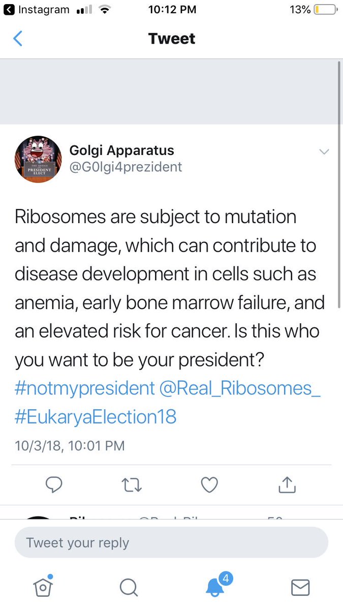 Real_Ribosomes_'s tweet photo. Do you really want someone who just accuses while failing to acknowledge their own issues as president? Someone whose only ability to function is due to cytoplasm. I didn’t think so. Vote Ribosomes in the upcoming election!#EukaryaElection18 https://t.co/NihAoS2qsO