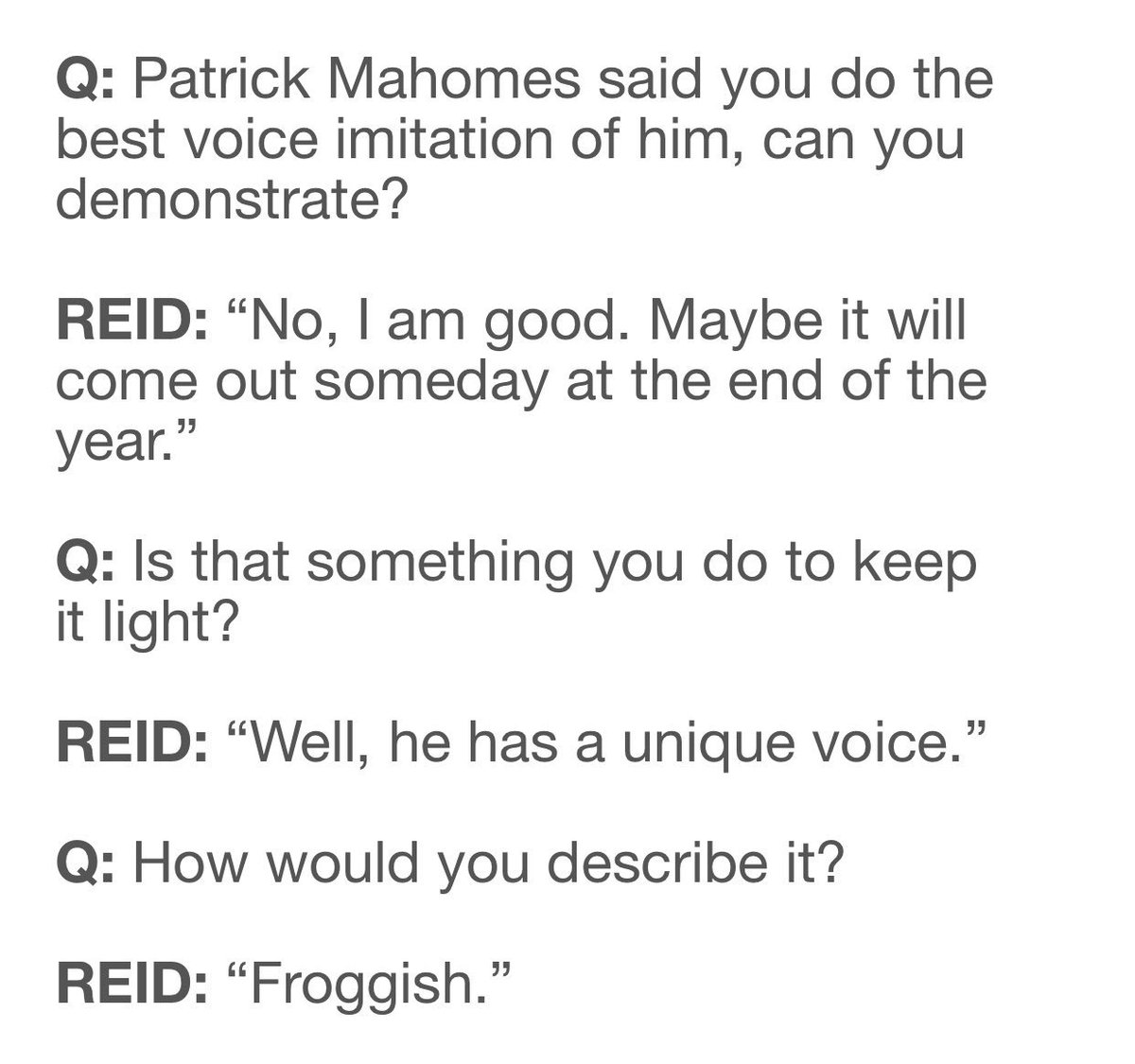 AdamSchefter's tweet image. Who knew Andy Reid does impressions, then pokes fun at the person he imitates? From today’s Q and A with him: