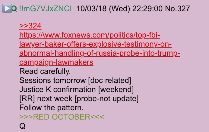 2runtherace's tweet photo. !!NEW Q!! 22:29 EST 
https://t.co/nUROVQjzSU
Read carefully.
Sessions tomorrow [doc related]
Justice K confirmation [weekend]
[RR] next week [probe-not update]
Follow the pattern.
>>>RED OCTOBER<<< 
Q #QAnon #RedOctober #TrustSessions #ConfirmJudgeK #GoodbyeRR @POTUS https://t.co/xpstlVIrz1
