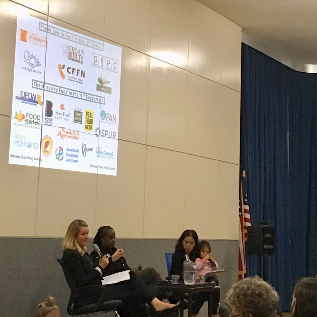 #AD15 women who care about their community. #FarmerEquityAct, #CalFresh, #CommunityLandTrusts,
#sustainableag all addressed at tonight’s #FoodInThe15th. And check out the working mom moderator!!