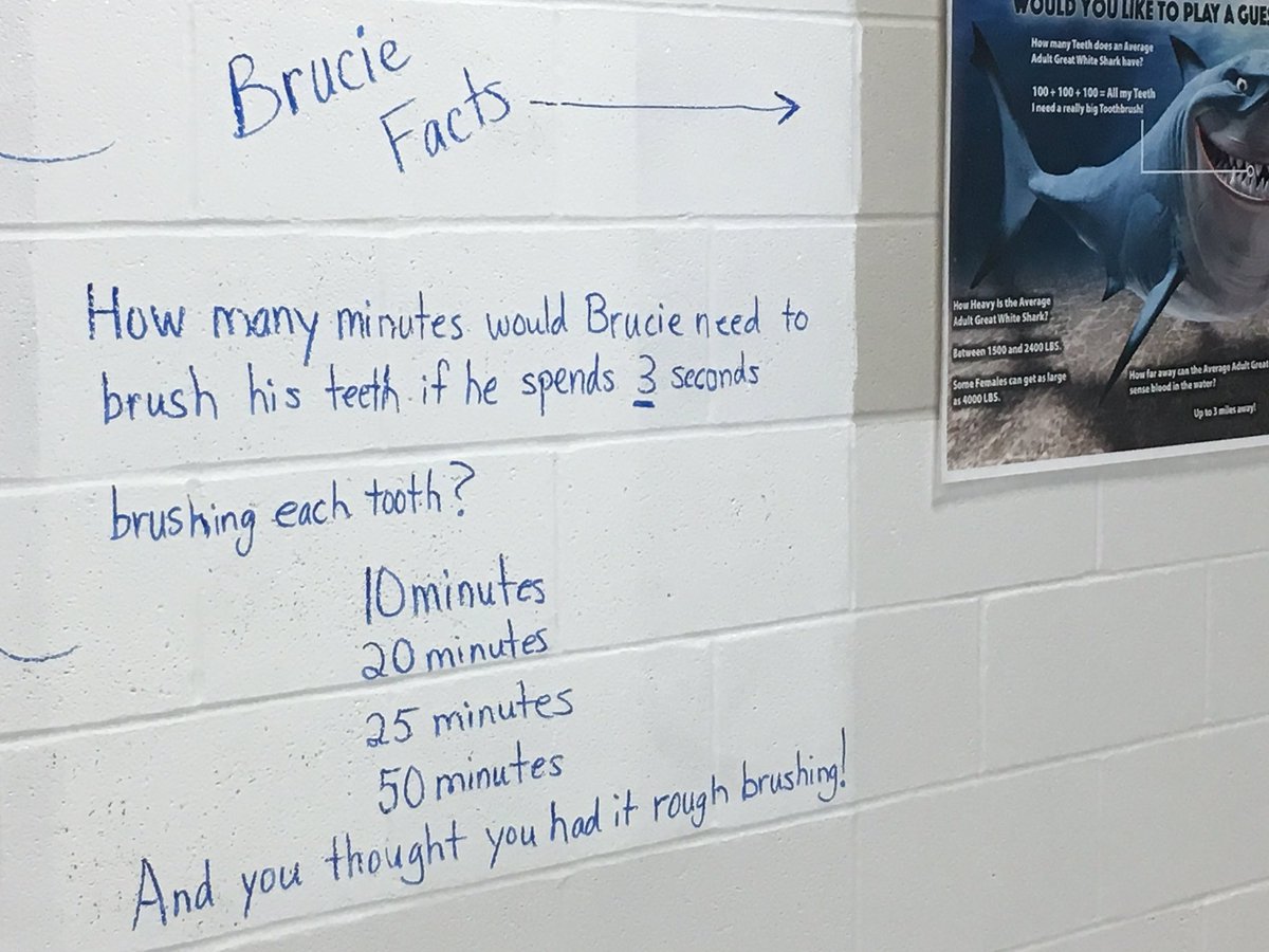 tkbrande's tweet photo. Math challenge: How long would a great white shark brush his teeth? @Edgewood_ES https://t.co/dfcscu1A25