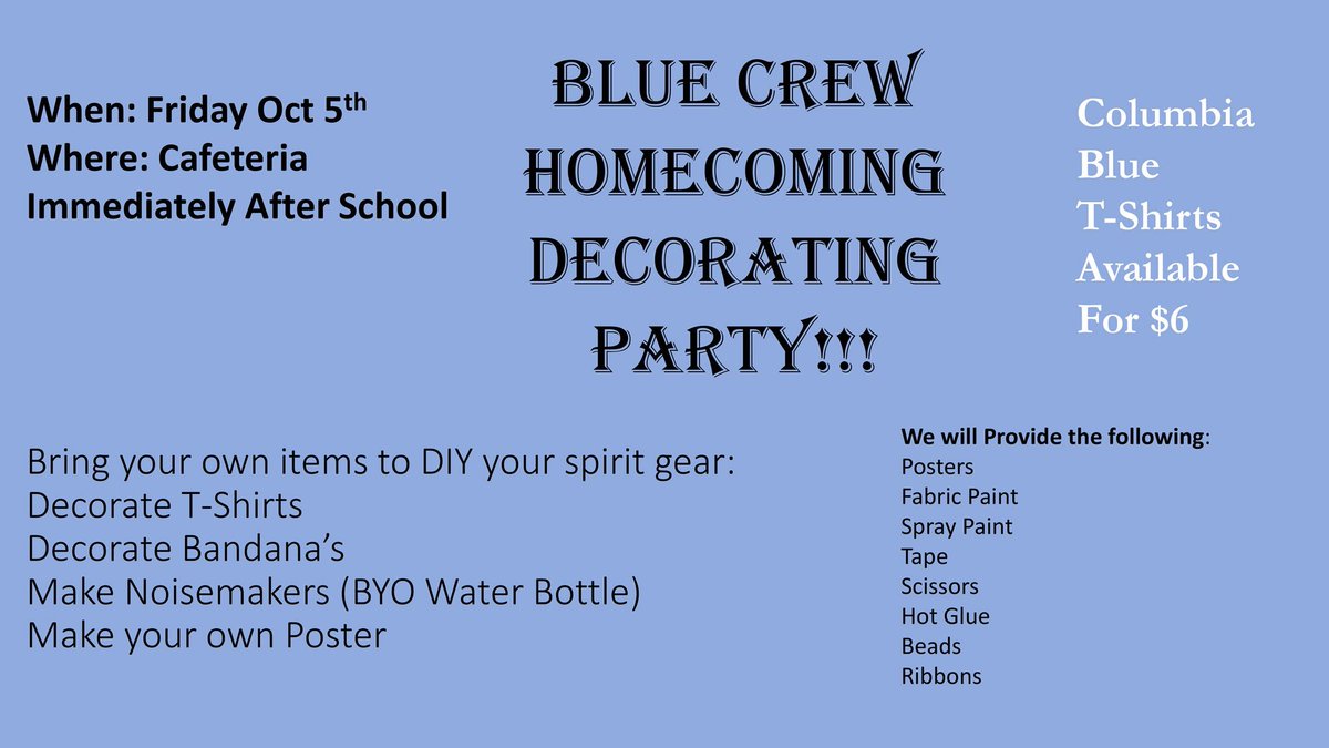 You asked for it Blue Crew, so we are bringing it to you!!! #Homecoming Decorating is happening after school on Friday! Get ready to be creative!!! If you have any questions message us on Remind @ txblue. Please retweet to spread the word!!