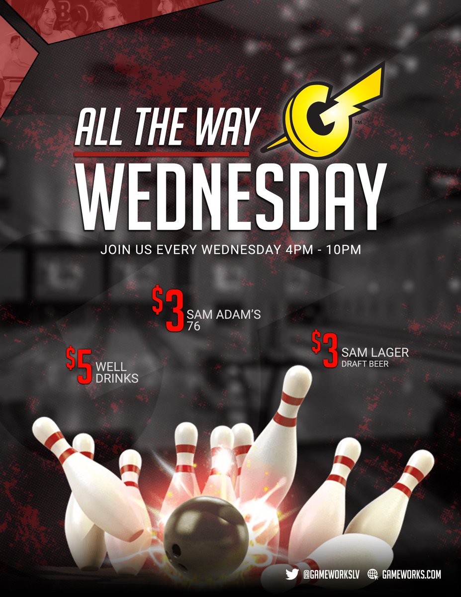 gameworkslv's tweet photo. Win $250 by bowling 10 strikes in a game! Ready to show off your skills? Join us every Wednesday at Gameworks Las Vegas! The perfect night to bring family &amp; friends in for bowling. #gameworkslv

$5 Bowling includes shoe rental + 1hr time card. https://t.co/wyOoDdaohq