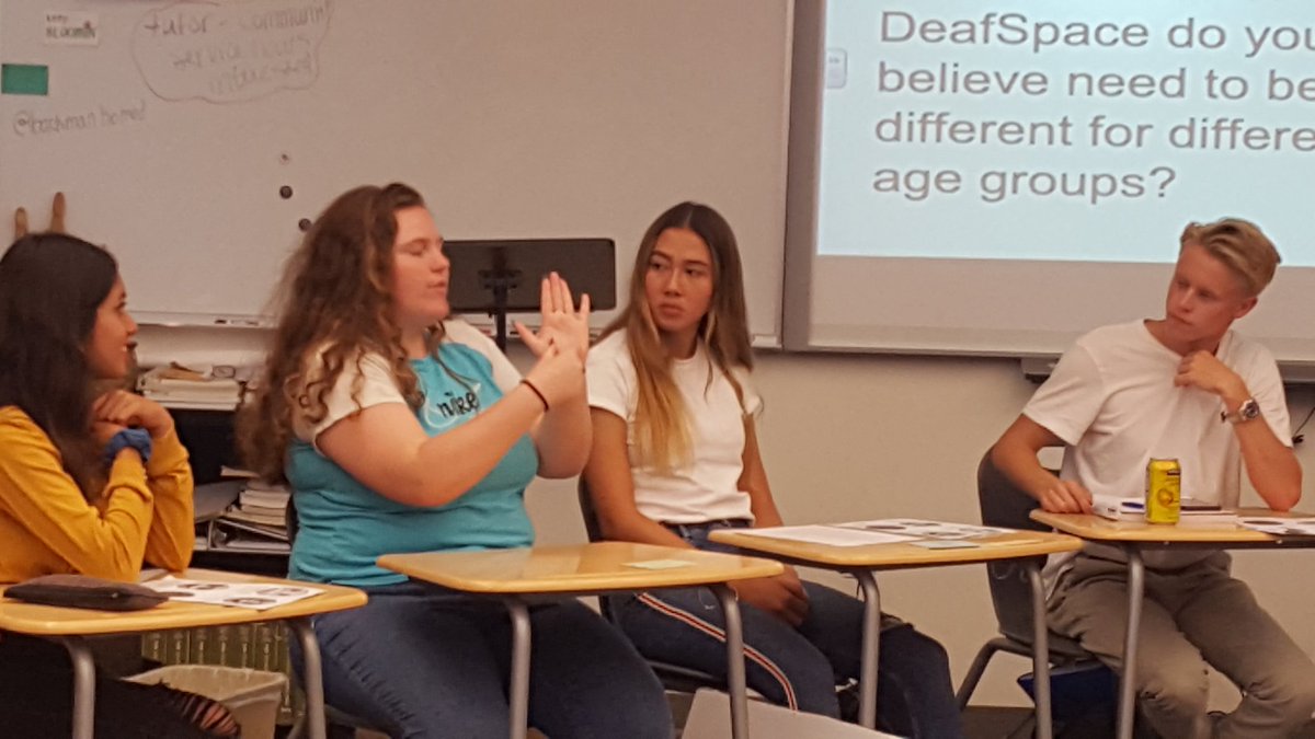 SageCreekASL's tweet photo. ASL Ss discussing #deafspace and architectural needs in the #deafcommunity #aslteachers #cusdlearns #SCworldlang https://t.co/EKJvTwPrZ3