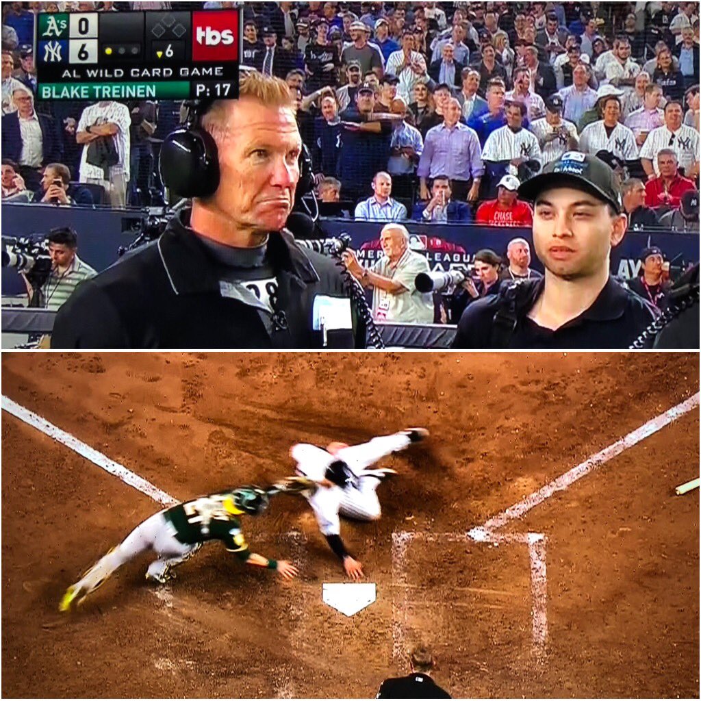 TheWholeHogCast's tweet photo. Pretty obvious @MLB will do anything to keep the Yankees in the Postseason for the ratings bump. Exhibit A is clearly a foul ball, and Exhibit B is an obvious tag at the plate with the umps “Oops. Oh well.” reaction when he sees the replay. #WinForHeroTown #ALWildCard https://t.co/hOPBUp8m4q