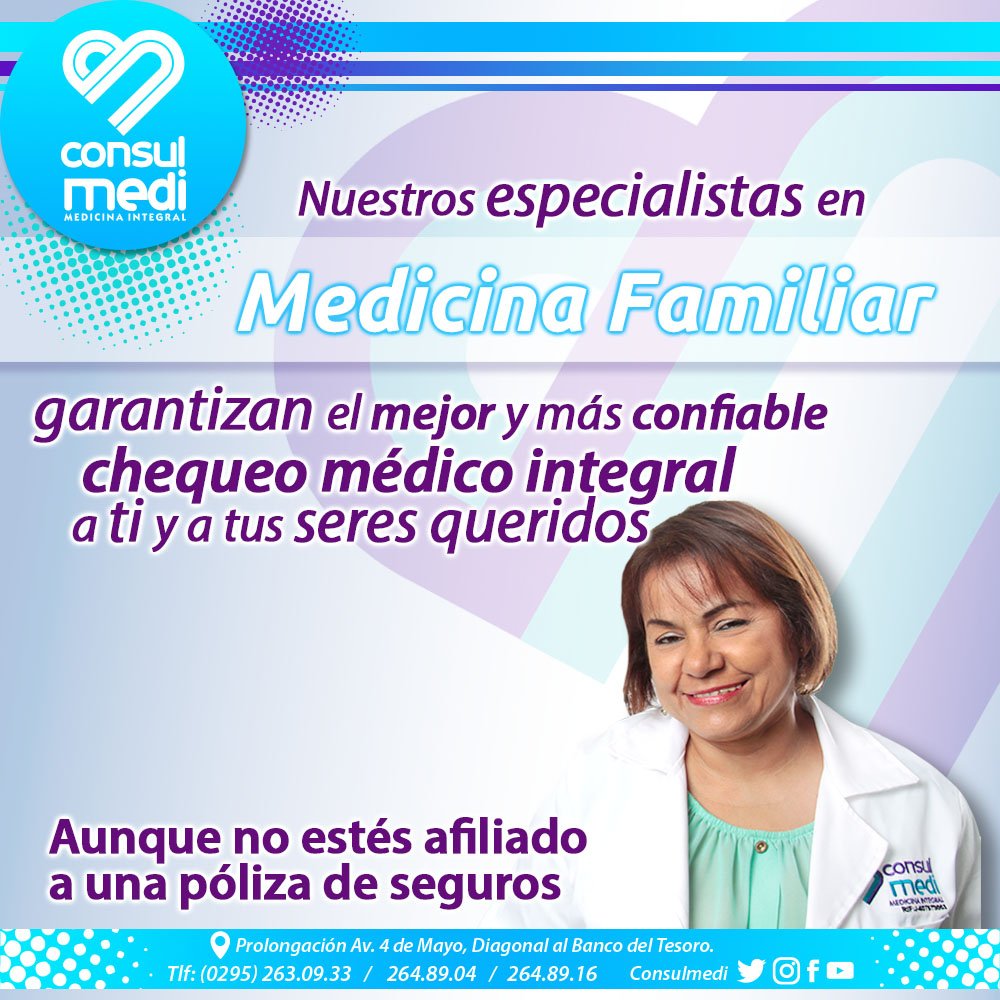 ConsulMedi's tweet photo. Ven a nuestra consulta de #MedicinaFamiliar. La salud de tu familia está en las mejores manos de nuestros especialistas
#SalaDeUrgenciasMedicas
#Consulmedi
#AtencionPrimaria
#AlcuidadodetuSalud
#ConsultasMedicas
#Laboratorio
#RayosX
#IslaDeMargarita https://t.co/2DK2rBz9xE