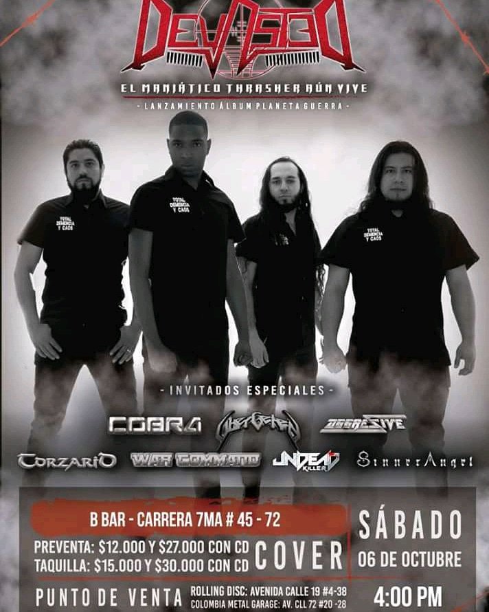 Pilas muchachos, cambio de lugar del evento de este sábado 06 de Octubre. Los esperamos en B Bar, carrera 7 con 45 Chapinero. Todos a apoyar a <a href="/DevastedThrash/">Devasted</a> el lanzamiento de su producción discográfica "Planeta Guerra".