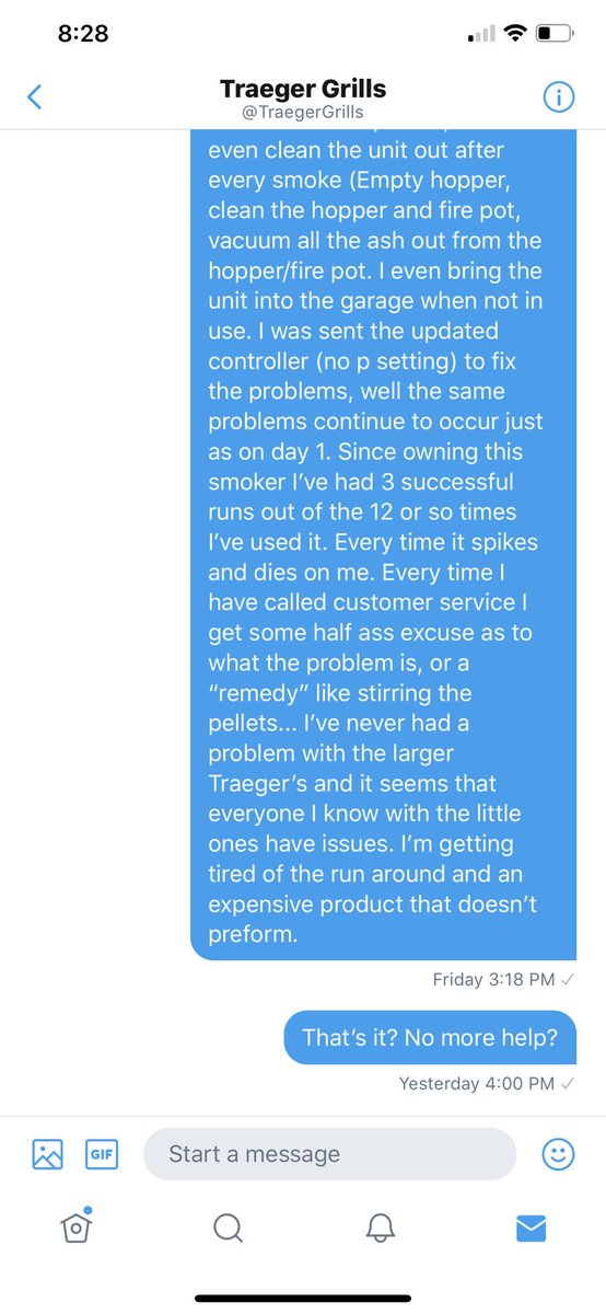 DerekSMFG's tweet photo. @TraegerGrills So much for helping! I DMed, you asked what the problem was, I replied to the dm and never got a reply. That was on FRI 9/28... I will never buy or recommend #TraegerGrills to anyone https://t.co/WEDP3XuJvW