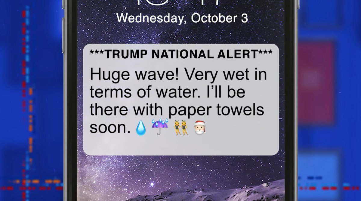colbertlateshow's tweet photo. If there’s a tsunami, Trump is the last person I want a text from. #PresidentialAlert #LSSC https://t.co/y8vInAajme