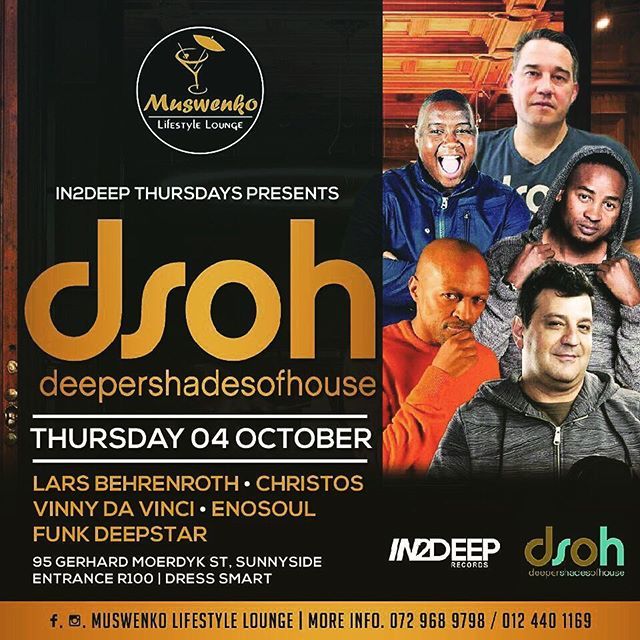 JHBgigs's tweet photo. Today 4th of October 2018

Venue @Muswenko_lounge Sunnyside Pretoria

Acts
@LarsLB

 @djchristossa @VinnyDaVinci @enosoulin2deep  @FunkDeepStar

#DSOH  https://t.co/MT31yqbS0q
