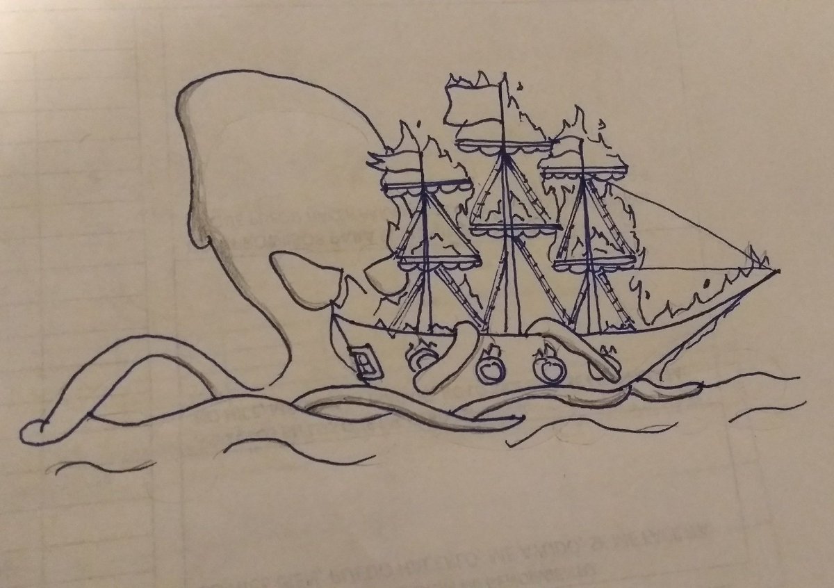 Zeidnaxe's tweet photo. Día 3
Esta vez sin sombra porque tengo sueñito.
Pd: es un kraken y el barco está en llamas.
#inktober #Inktober2018 #mabsdrawlloweenclub2018 https://t.co/MXpEel6HGu