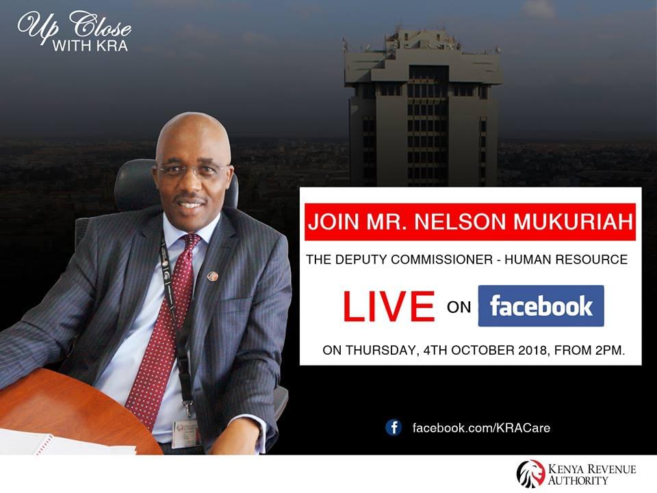 KRACare's tweet photo. Just an hour to our #UpCloseWithKRA Facebook live session. This is a prime opportunity for you to ask us any HR related queries. Let a friend know and come interact with us from 2pm. #CSWeek2018 #ExcellenceHappenshere @icx_kenya @HudumaKenya @ @ushuru_co_ke @KESRA_KRA https://t.co/Y314QuhkE1