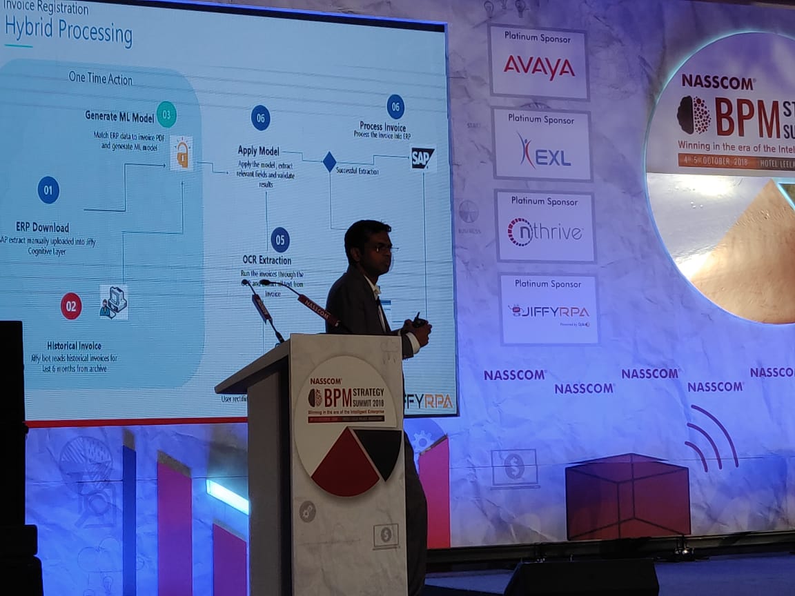 NasscomEvents's tweet image. Co-Founder and Products Head of @Jiffy_RPA, @sudhisen, takes the stage on Evolution from Rule-Based RPA to Intelligent Process Automation at #NasscomBPM Strategy Summit 2018