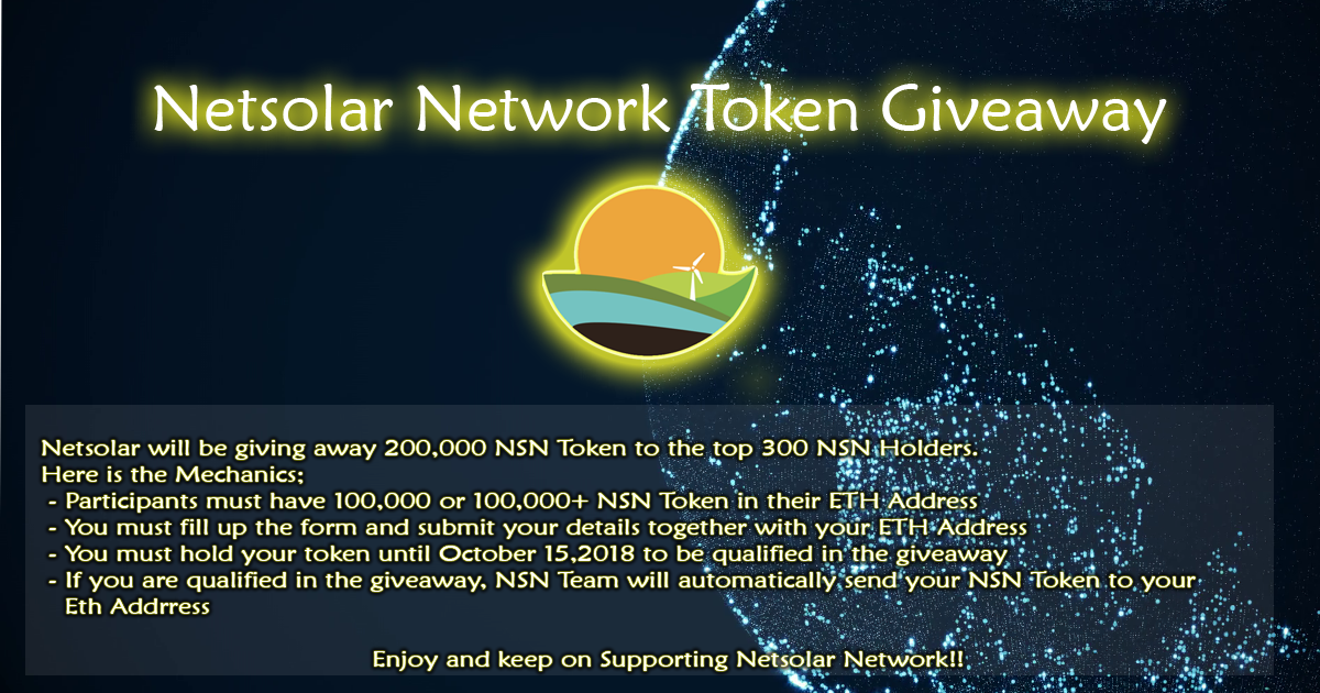 netsolarnetwork's tweet photo. Our ICO Sale is now live and here's how you can buy NSN Token

1. Ensure you have at least 0.01 ETH in your MEW Wallet
2. Set GAS = 100,000, GWEI = 10
3. Send ETH to Smart contract: 0x0b8f53f5cb26f27ecf46840c14cc93577221822d
4. NSN Token will automatically be sent to your wallet https://t.co/gA83EFUkd7
