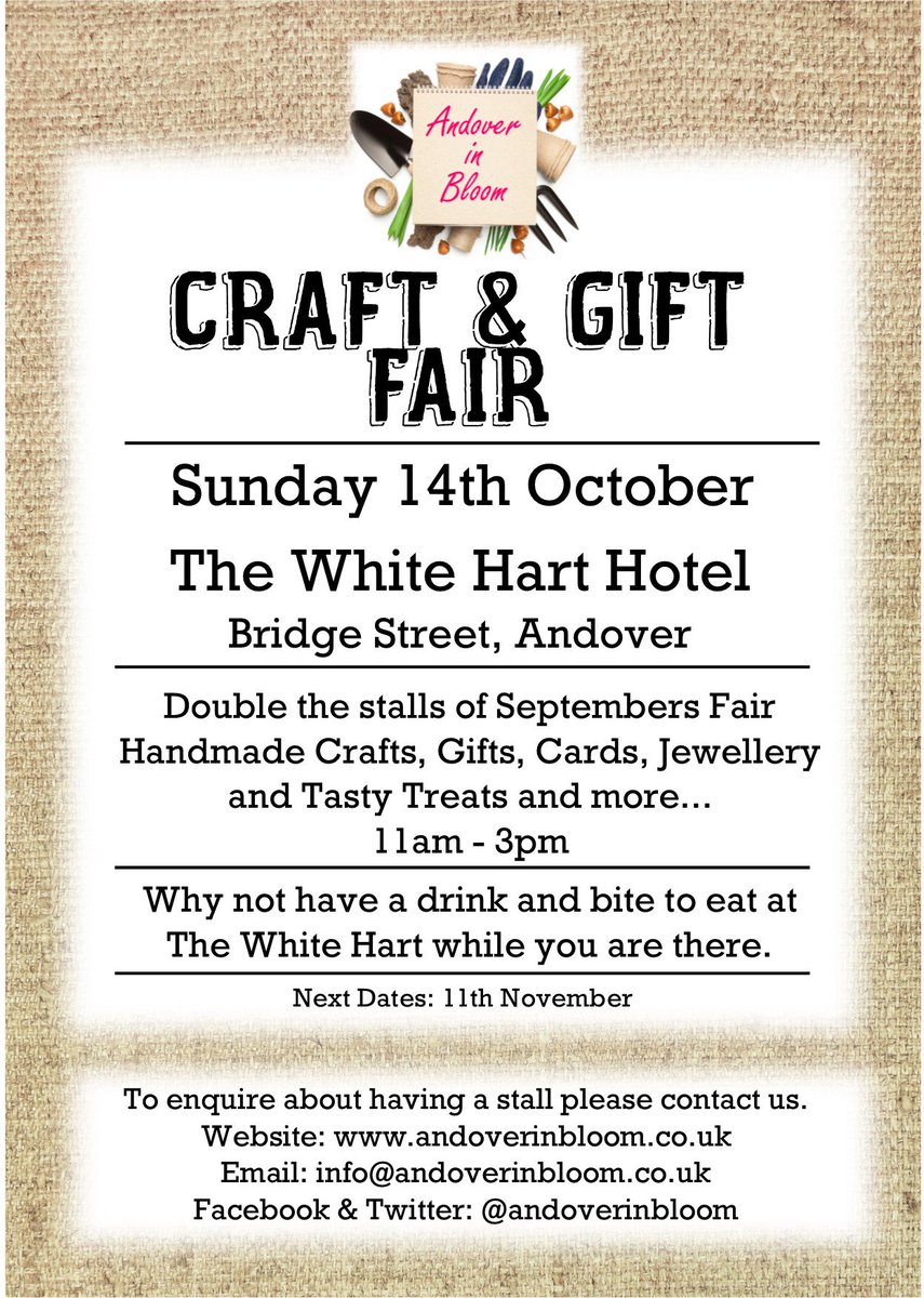 Come along to the October Craft &amp; Gift fair...More stalls than last month...as its edging ever closer to Christmas why not come and spy some lovely presents. From Books to Jewellery, Candles to Cards, Sweet Treats to Beauty. All at the <a href="/WhiteHAndover/">White Hart</a>  14th October 11am-3pm