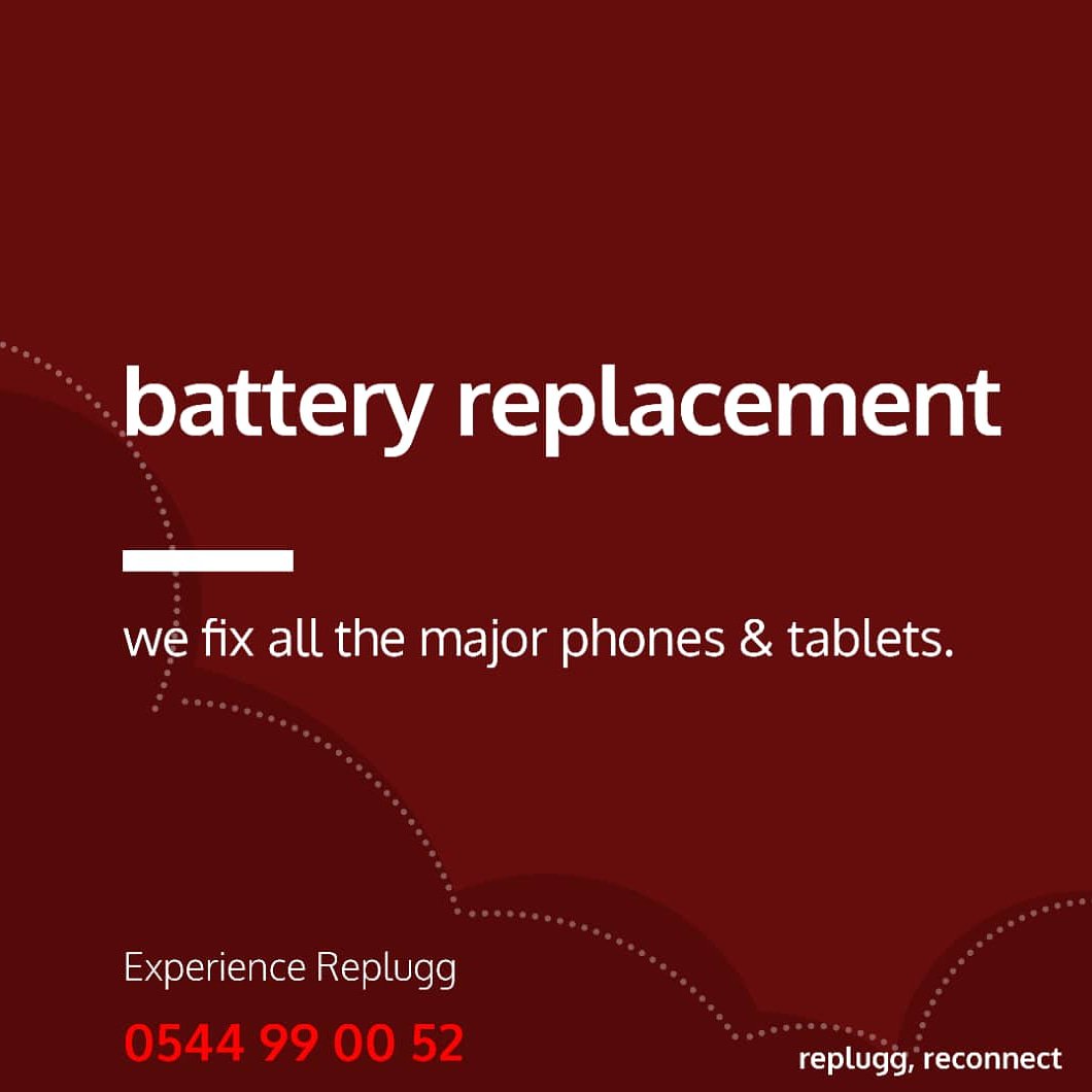 Don't stay stressed because of a weak battery. Get it replaced at Replugg Electronics in 24 hours. Stay reconnected as you enjoy the Replugg experience 
#RepluggExperience #batteryreplacement #samedayfix #pluggers #techgh #techservice #Replugg #Reconnect