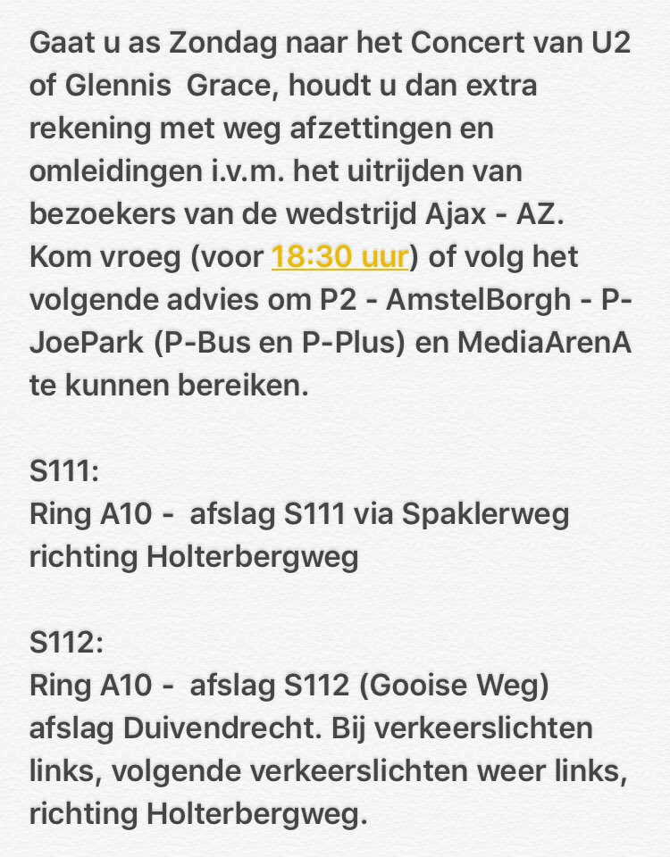 Route advies (indien u wilt parkeren /of gereserveerd heeft voor P2 / ABBL - P-JoePark of MediaArenA voor het concert van #U2 #U2eiTour #U2SongsofExperience  in de <a href="/ZiggoDome/">Ziggo Dome</a> of voor het concert van #GlennisGrace in de <a href="/AFASLive/">AFAS Live</a>  op zondag 07-10-2018