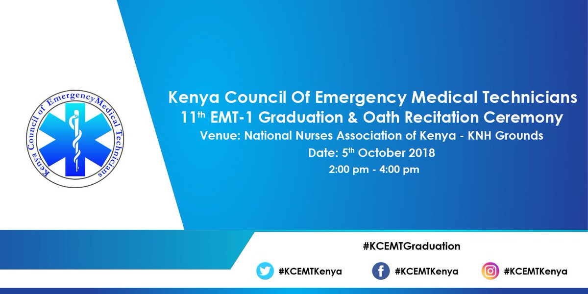 KCEMTKenya's tweet photo. @KCEMTKenya will tomorrow host the 11th Oath Recitation & Graduation 🎓Ceremony at @KNH_hospital grounds w/ #EMT-1 Accredited Agencies 🏥 🚒🚑w/@StJohnKenya @GertrudesHosp @ictfire @medswift @Safetynet254 & Avenue Rescue Services #KCEMTGraduation cc @SicilyKariuki @WHOKenya https://t.co/S6vk7W8qzZ