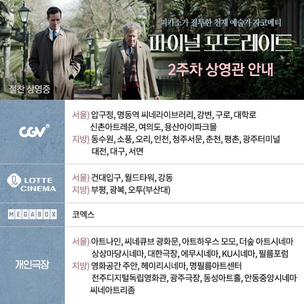 이번 주에도 천재 예술가 #자코메티 와 함께♥ 센치한 가을에 딱! 필요했던 감성이야~~✨🍁🍂🍃 <파이널 포트레이트> 2주차 상영관 확인하고...