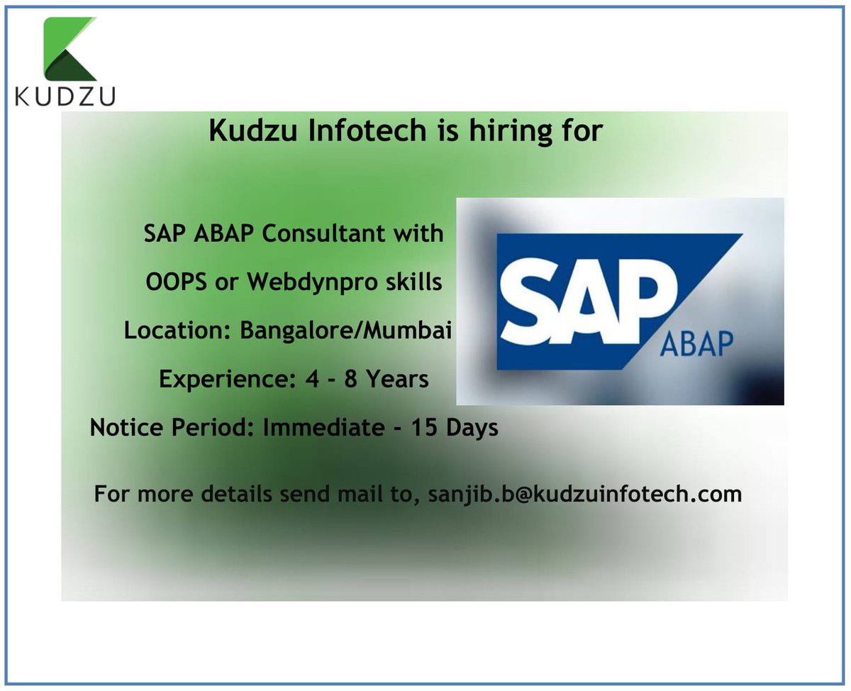 sanjib_bardhan's tweet image. Hi All,
Here is a #JobOpening @kudzu_infotech for #SAPABAPConsultant with #OOPS or #Webdynpro skill