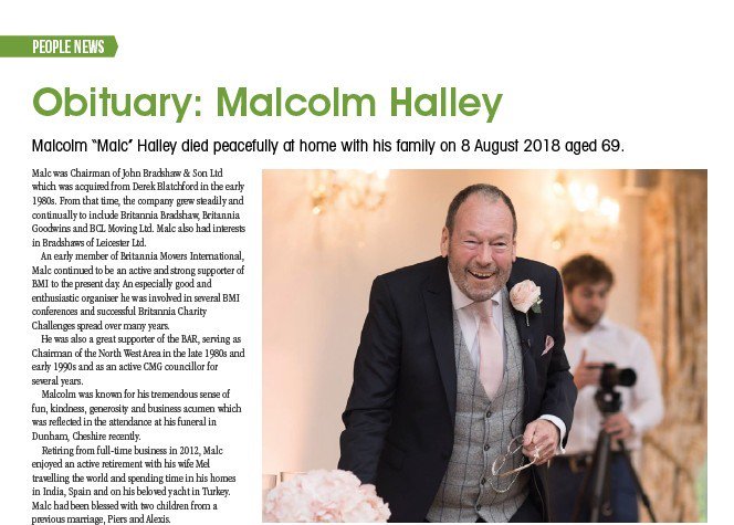 CMG BAR (@cmg_bar) on Twitter photo A lovely obituary in this months @RandSMagazine for former <a href="/BARremovers/">BAR</a> #CMG Councillor Malc Halley who passed away in August.
Malc was Chairman of John Bradshaw & Sons <a href="/britmoving/">Britannia Bradshaw</a> & <a href="/BCLmoving/">BCL Office Moving</a>, long term members of <a href="/BritanniaMovers/">Britannia Movers Int</a>.
RIP Malc from all your friends at @BARCMG A lovely obituary in this months @RandSMagazine for former <a href="/BARremovers/">BAR</a> #CMG Councillor Malc Halley who passed away in August.
Malc was Chairman of John Bradshaw & Sons <a href="/britmoving/">Britannia Bradshaw</a> & <a href="/BCLmoving/">BCL Office Moving</a>, long term members of <a href="/BritanniaMovers/">Britannia Movers Int</a>.
RIP Malc from all your friends at @BARCMG