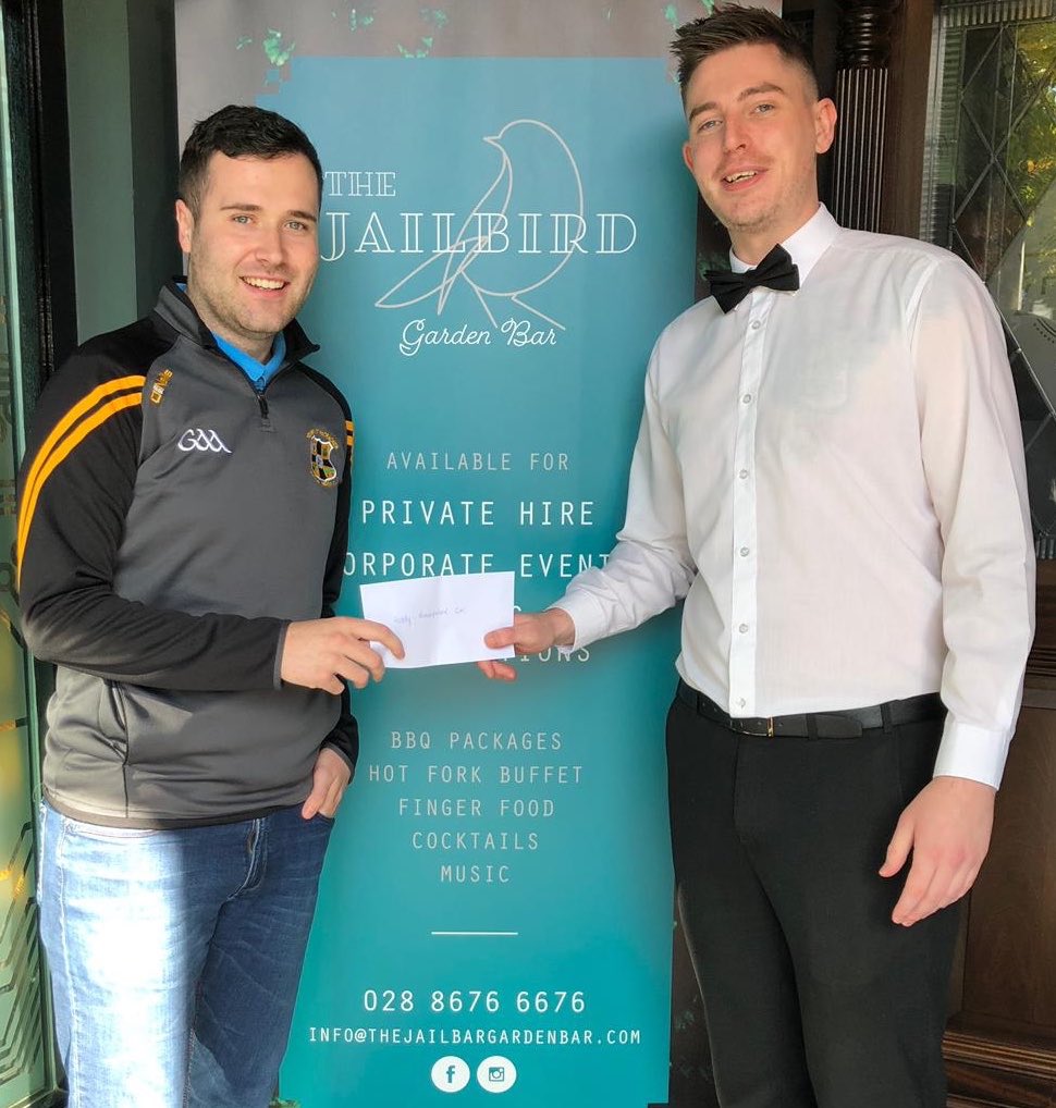 Moneymore10k's tweet photo. 🏃‍♀️ Final wrap on this years 5 Mile Road Race and Fun Run 🏃‍♂️ 

Padraig Donaghy club PRO receives a cheque from Jamie O’Neill of our main sponsor the Jailbird Garden Bar Cookstown. @TIMECookstown 

Please support all our sponsors and we will see you all again next year. https://t.co/aAzvxshgGK