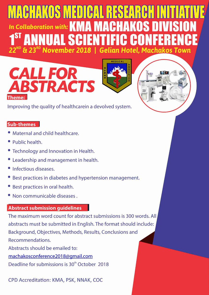 Kenya Medical Association (@kenyamedics_kma) on Twitter photo KMA Machakos Div in Partnership with Machakos Medical Research Intiative Presents >1st Annual Scientific Conference | Theme: Improving the Quality of Health Care in a Devolved System <a href="/Gelian_Hotel/">IG: @GelianHotel</a> from 22-23rd Nov <a href="/mdjkitulu/">Dr. Jacqueline Kitulu, MBS, OGW, FCMA</a> <a href="/simonkigondu/">The Kenyan Gyne (#HealthServiceCommission)</a> <a href="/SupaTunje/">Supa Tunje</a> <a href="/JKARAMANA/">Dr. Joy Mugambi</a> @LukoyeAtwoli KMA Machakos Div in Partnership with Machakos Medical Research Intiative Presents >1st Annual Scientific Conference | Theme: Improving the Quality of Health Care in a Devolved System <a href="/Gelian_Hotel/">IG: @GelianHotel</a> from 22-23rd Nov <a href="/mdjkitulu/">Dr. Jacqueline Kitulu, MBS, OGW, FCMA</a> <a href="/simonkigondu/">The Kenyan Gyne (#HealthServiceCommission)</a> <a href="/SupaTunje/">Supa Tunje</a> <a href="/JKARAMANA/">Dr. Joy Mugambi</a> @LukoyeAtwoli