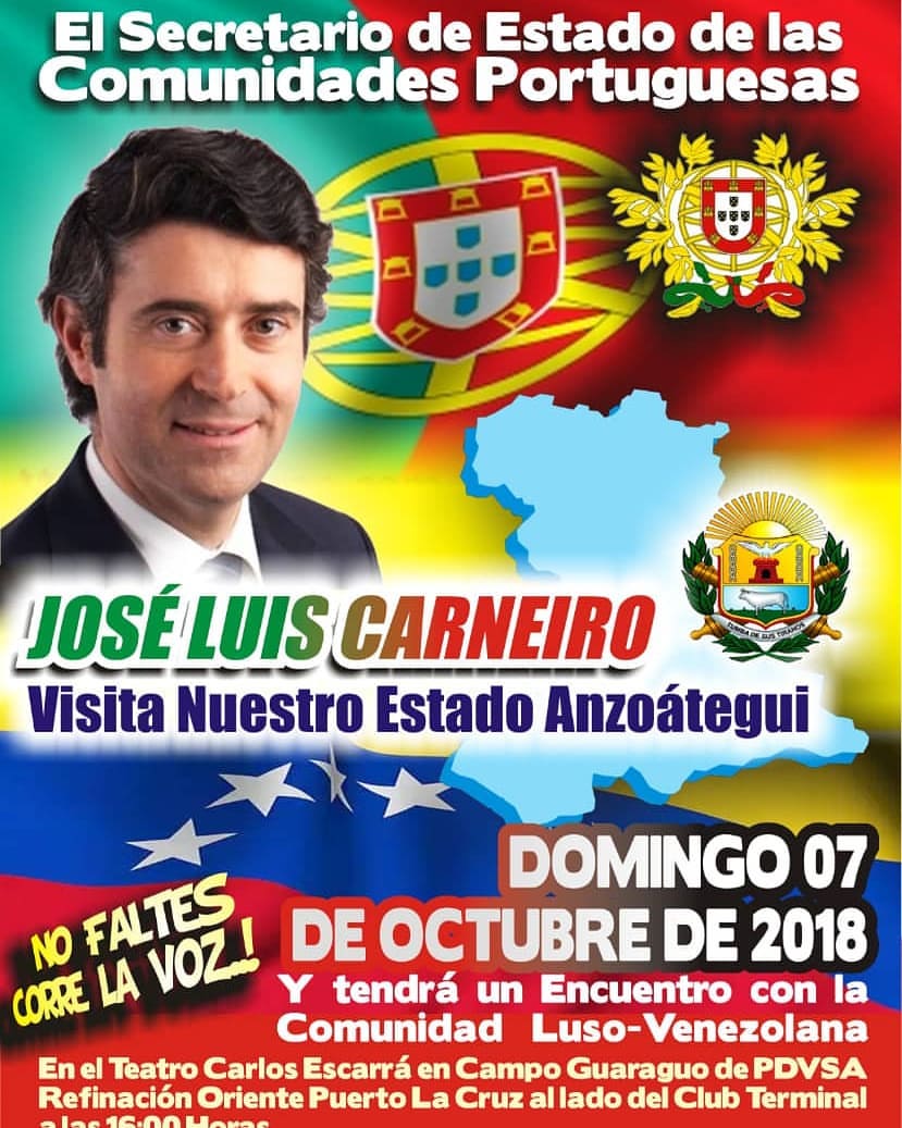 Membro do Governo de #Portugal visita portugueses no distrito de #Anzoátegui | José Luis Carneiro @jlcarneiro2009 SE das Comunidades Portuguesas do <a href="/nestrangeiro_pt/">Negócios Estrangeiros PT</a>, domingo 07/10 em #PuertoLaCruz