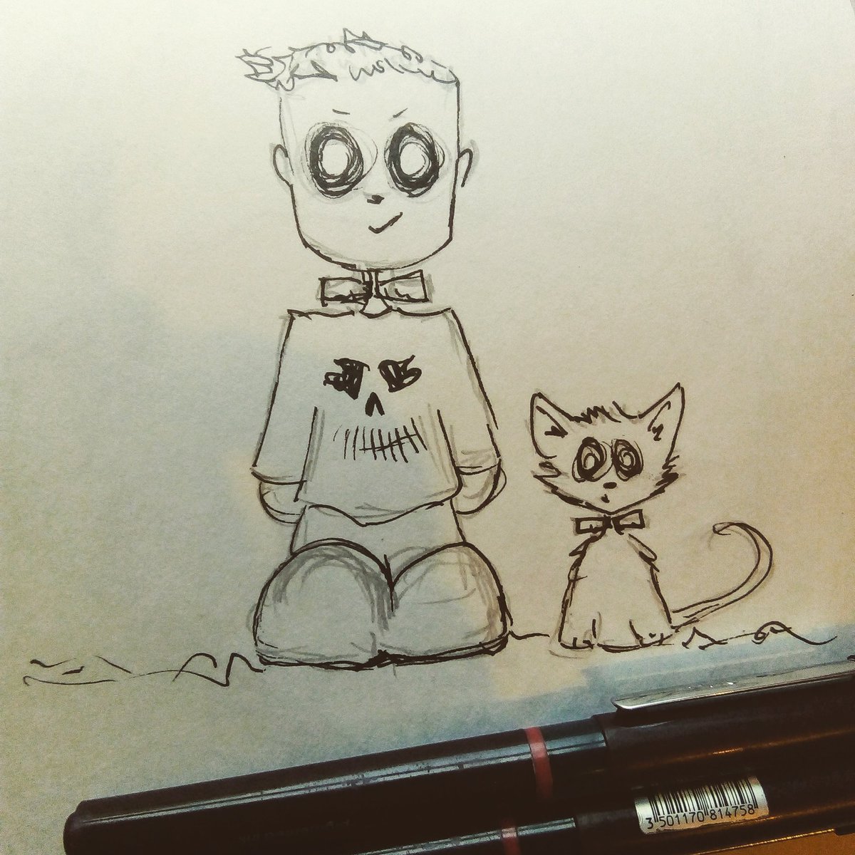 Sproutymouse's tweet photo. Frankenstein boy and kitty #inktober2018 #oxforddrinkanddraw #sketchbook #pendrawing #kidsillustration https://t.co/5IDO1QQksS