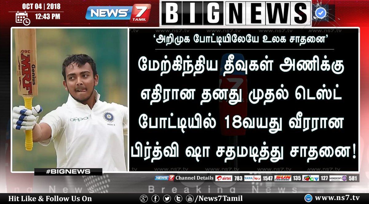 news7tamil's tweet photo. #BIGNEWS
மேற்கிந்திய தீவுகள் அணிக்கு எதிரான தனது முதல் டெஸ்ட் போட்டியில் 18வயது வீரரான பிர்த்வி ஷா சதமடித்து சாதனை!
https://t.co/5wMBD3FLqB | @PrithviShaw | #INDvsWI | #DreamDebut | #FirstTon #PrithviShaw https://t.co/C2fMgKS2y1